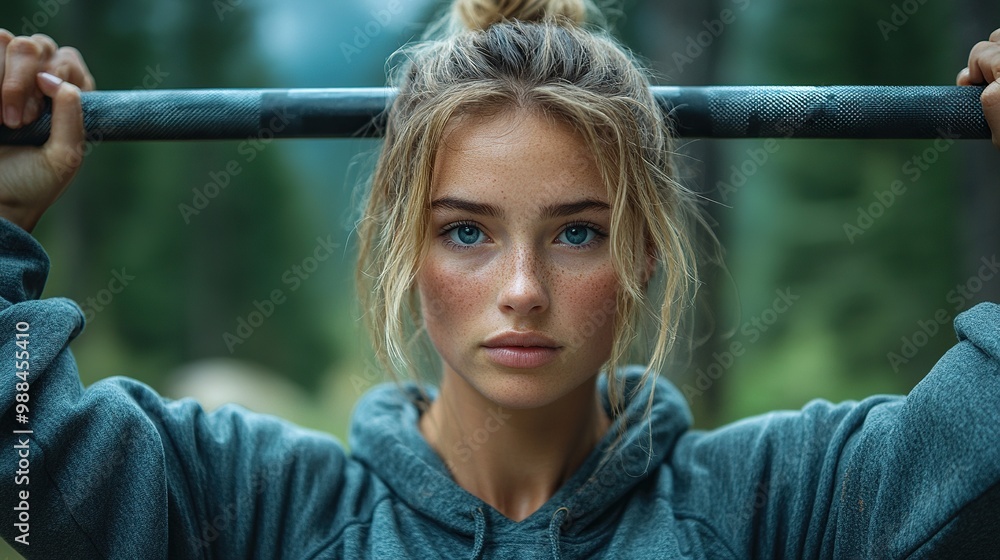 Wall mural woman lifting barbell off the ground routine workout for physical, mental health