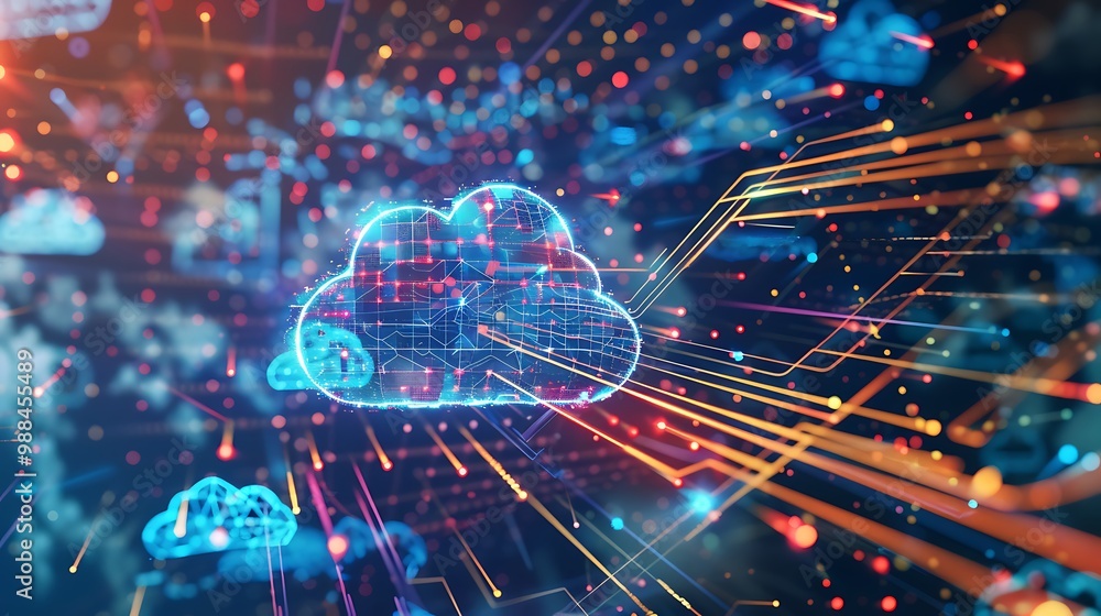 Poster abstract illustration of a cloud computing network with data and connections.