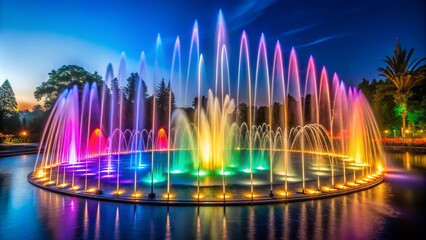 Against a starry night sky, the fountain lights up with a mesmerizing display of water jets and colorful