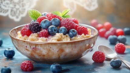 Bowl of Healthy Oatmeal with Fresh Berries Generative AI