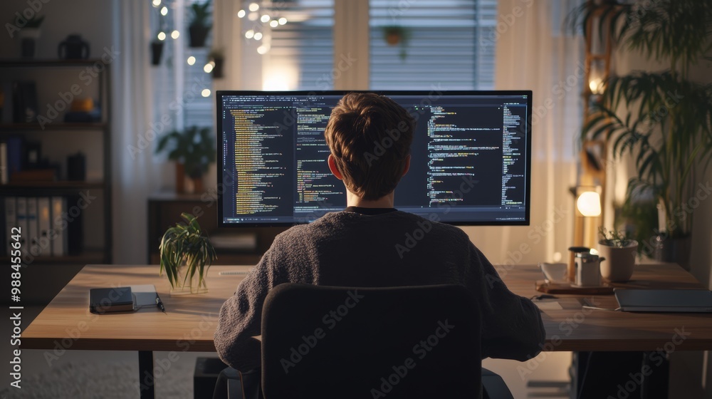 Poster Man working in a cozy home office surrounded by plants, typing code on a monitor. Software development and coding concept.