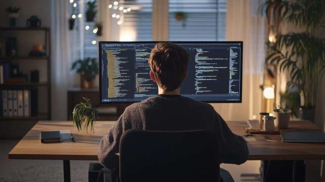 Man working in a cozy home office surrounded by plants, typing code on a monitor. Software development and coding concept.