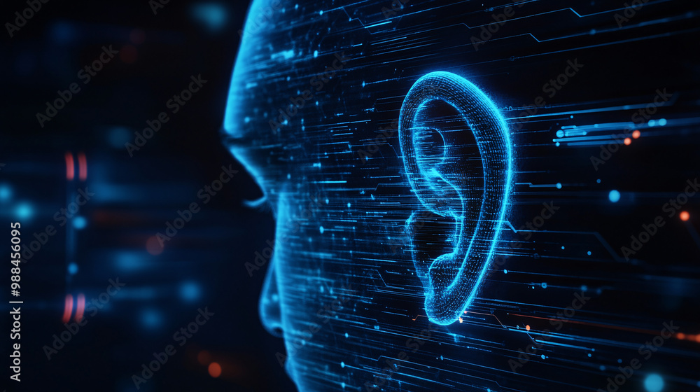 Poster human ears in a digital interface. isolated dim background. auditory enhancement and communication. 