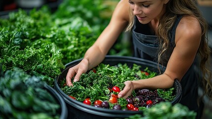 woman throwing vegetable cuttings in compost bucket in kitchen