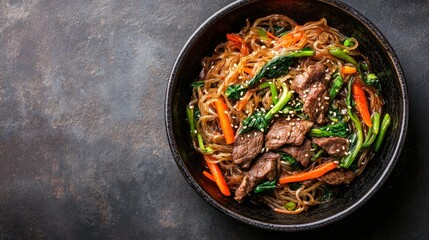 Top view of Korean japchae noodles with vegetables and beef, leaving space for copy text.