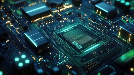 Fototapeta premium Abstract Blue and Green Electronic PCB Background with 3D Illustration - Ideal for Technology, Engineering, and Digital Art Projects