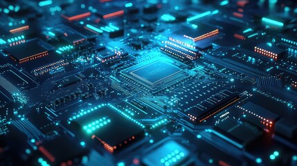 Fototapeta premium Abstract Blue and Green Electronic PCB Background with 3D Illustration - Ideal for Technology, Engineering, and Digital Art Projects