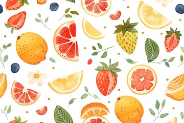 Watercolor Seamless Pattern with Fruits and Green Leaves