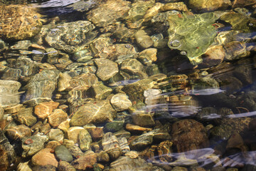 water reflection of sun light and river pebbles shining