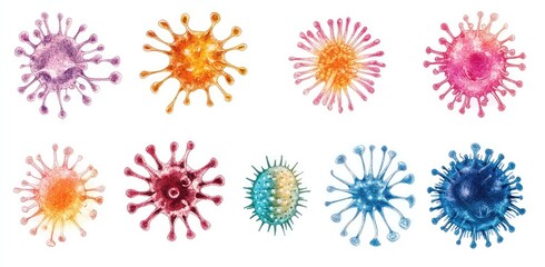 Obraz premium Vector Illustration of Various Microorganisms and Coronavirus Cells in Natural Form on White Background - Highlighting Economic Loss and Health Impact in C4D Rendering