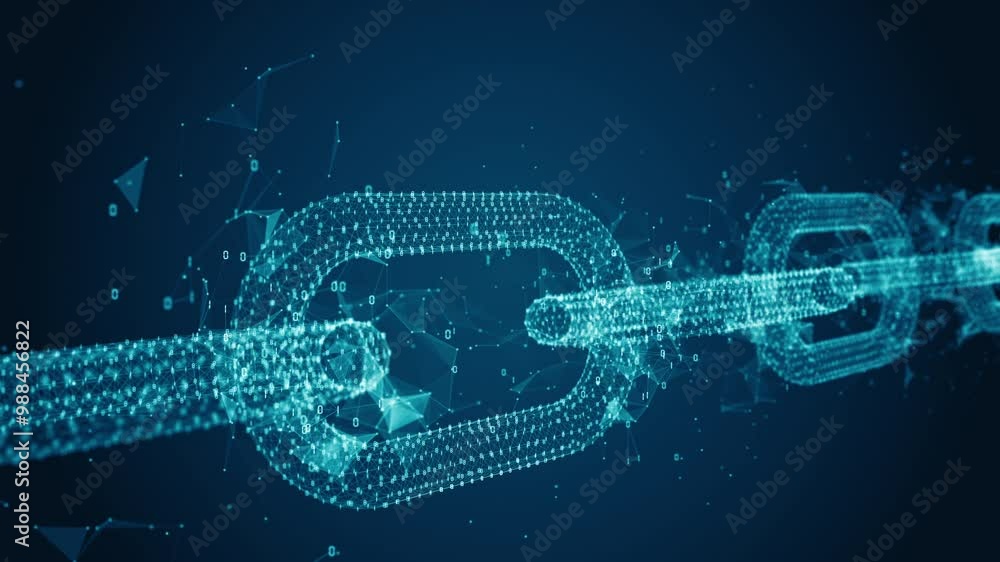 Poster abstract blockchain links with digital nodes, symbolizing secure data connections, cryptography, and