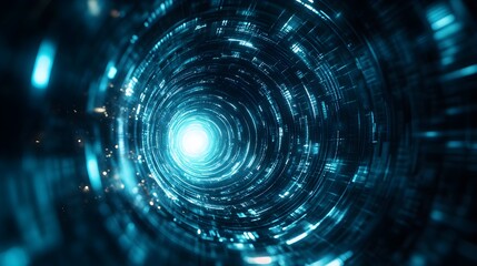 Obraz premium Abstract Blue Digital Tunnel with Bright Light at End