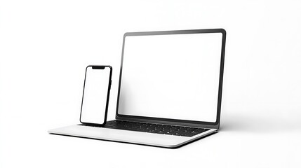 A modern laptop and smartphone mockup with blank screens, isolated on a white background. Perfect for showcasing app designs, website layouts, or digital product presentations.