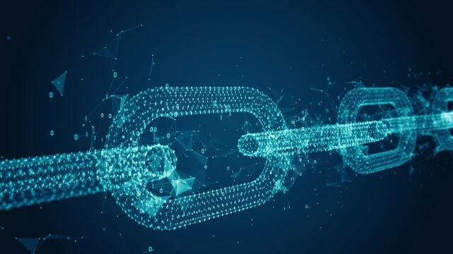 Abstract blockchain links with digital nodes, symbolizing secure data connections, cryptography, and decentralized networks in a high-tech, futuristic environment.