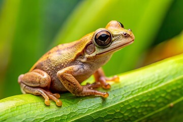 Obraz premium A green leaf provides a comfy perch for a tiny brown tree frog adorned with green lichen, its