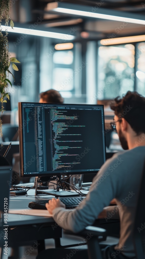 Fototapete Developer coding in a modern office with a large screen displaying code, surrounded by plants, symbolizing software development and IT.