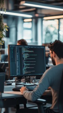 Developer coding in a modern office with a large screen displaying code, surrounded by plants, symbolizing software development and IT.