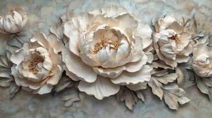 Beautiful Peony Flowers with Lush, Layered Petals Adorning a Stucco Mural, Creating a Stunning and Elegant Floral Art Piece for Home and Garden Decor