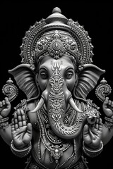 A classic black and white photograph of an elephant statue, perfect for use in historical or cultural-themed designs