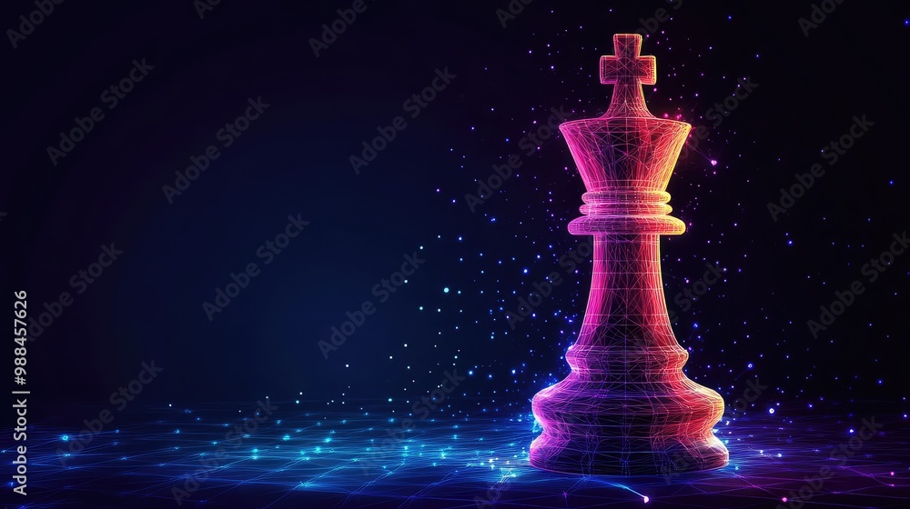 Poster abstract modern illustration of a chess rook in low polygon wireframe style with lines and dots in r