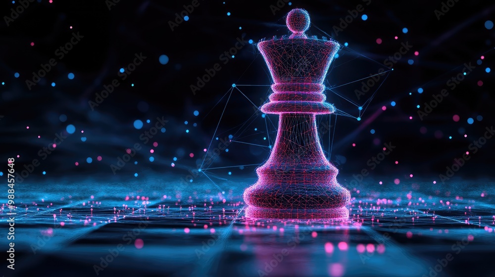 Poster abstract modern illustration of a chess rook in low polygon wireframe style with lines and dots in r