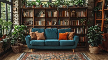 Obraz premium wooden bookcase in living room in vintage rustic style wooden furniture in cottage family house