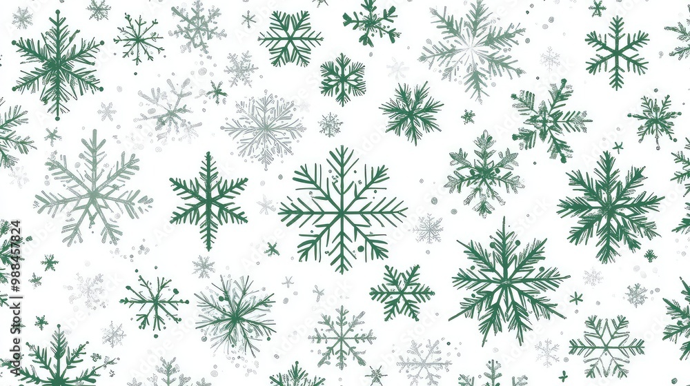 Poster seamless pattern with green and white snowflakes of various sizes on white background