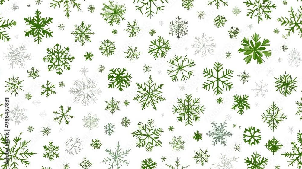 Poster seamless pattern with green and white snowflakes of various sizes on white background