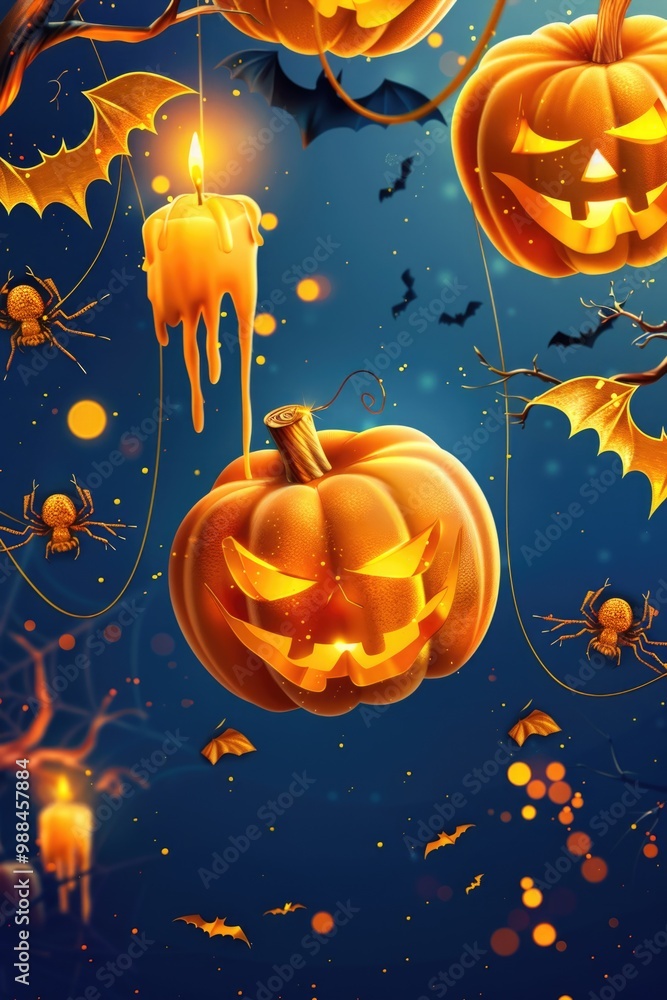 Poster a group of jack-o'-lanterns hang from a tree branch, creating a spooky and festive atmosphere for ha