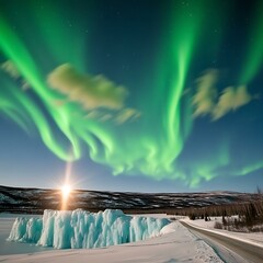 Aurora Borealis Over Ice Wall and Snowy Road