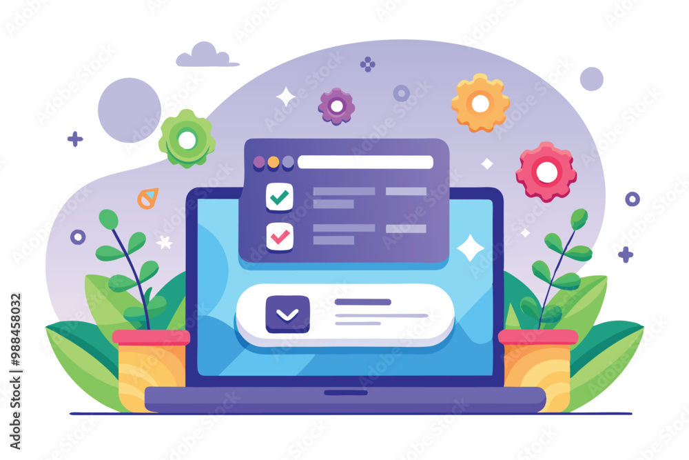 Aufkleber a modern laptop displays a customizable login interface with colorful icons and plants, highlighting