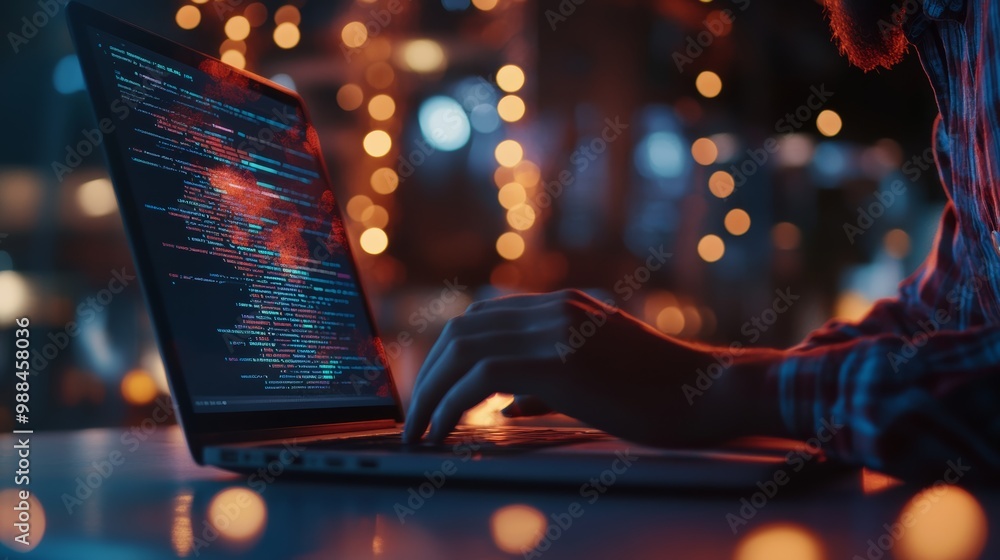 Poster Software engineer typing code on a laptop with red lighting and bokeh effects. Late-night programming session for IT.