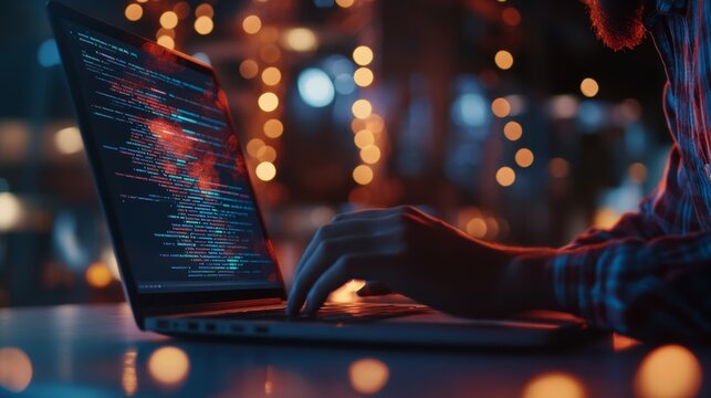 Software engineer typing code on a laptop with red lighting and bokeh effects. Late-night programming session for IT.