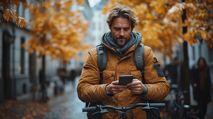 young business man commuter with bicycle going to work outdoors in city using smartphone - Powered by Adobe