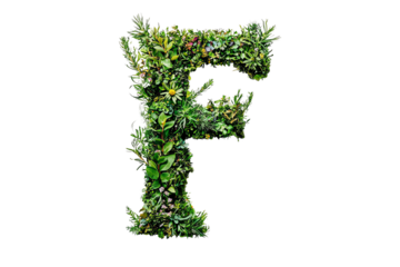 Botanical Letter F with Green Leaves and Foliage, Nature-Inspired Typography and Eco-Friendly Design on Transparent Background, Perfect for Environmental Themes