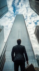 A young professional standing at the base of a skyscraper, looking up with determination