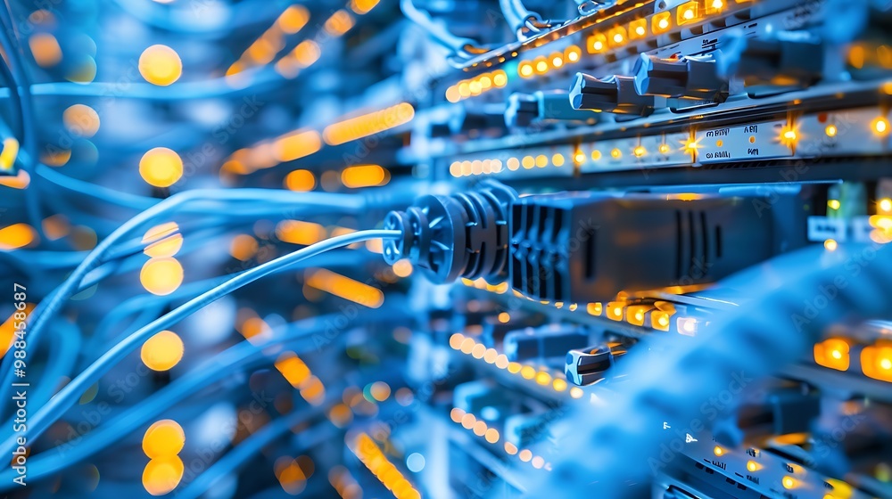 Poster close-up view of a network server rack with cables and connections.