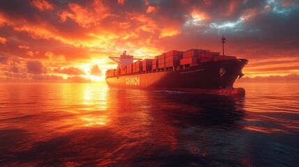 Fototapeta premium Container Ship at Sunset in Ocean Waters Generative AI