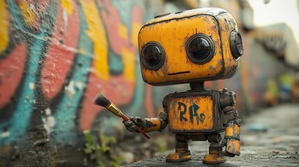 Cute Vintage Robot with Paintbrush in Hand Generative AI