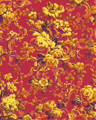 Vintage floral pattern with gold scrollwork on red background. for wallpaper, fabric, and design projects.