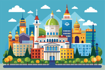 Fototapeta premium A vibrant cartoon representation of Madrid showcasing its famous buildings surrounded by colorful trees under a clear blue sky.