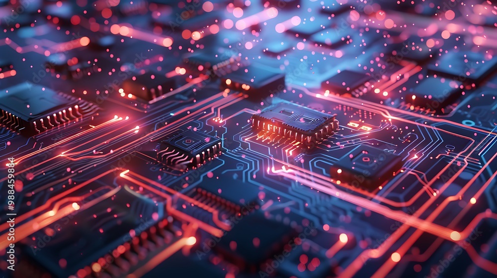 Poster close-up shot of a circuit board with glowing red lines and chips, illustrating the complexity of mo