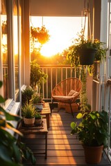 Fototapeta premium A serene balcony at sunset, adorned with plants and a cozy chair, creating a tranquil atmosphere for relaxation.