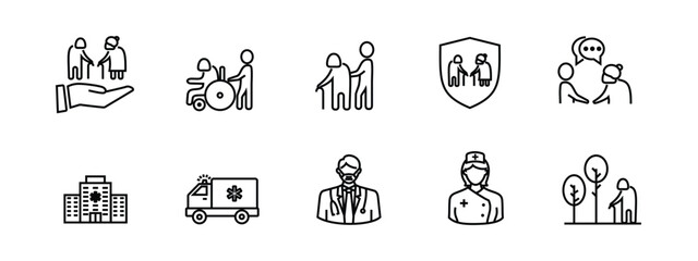 icon set nursing home, health care and nurses, outline style, editable vector eps 10