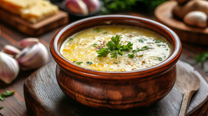 bowl with  traditional Czech garlic soup 
