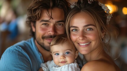 young family with baby at family garden party father mother, small child at birthday party