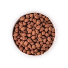Cereal chocolate balls dry breakfast in white bowl isolated on transparent background. (.PNG), Top view