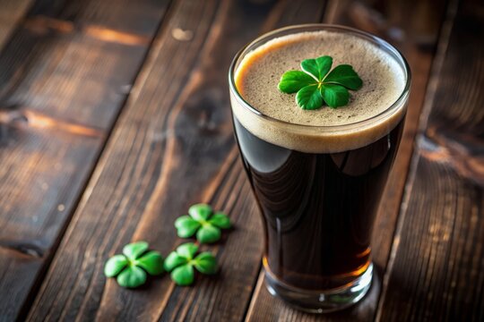 A luxuriant cap of foam kisses the rim of a shamrock-etched glass, while below lies a dark, mysterious