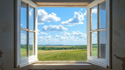 Scenic Countryside View Through Open Window