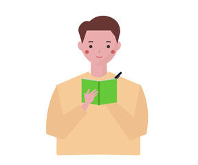 メモを取る男性。メモ帳とペンを持つ人物。ベクターイラスト